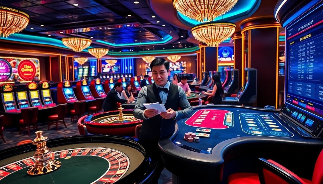 Professional dealer managing chips and cards at a vibrant Nhà cái uy tín casino table with shining roulette wheel