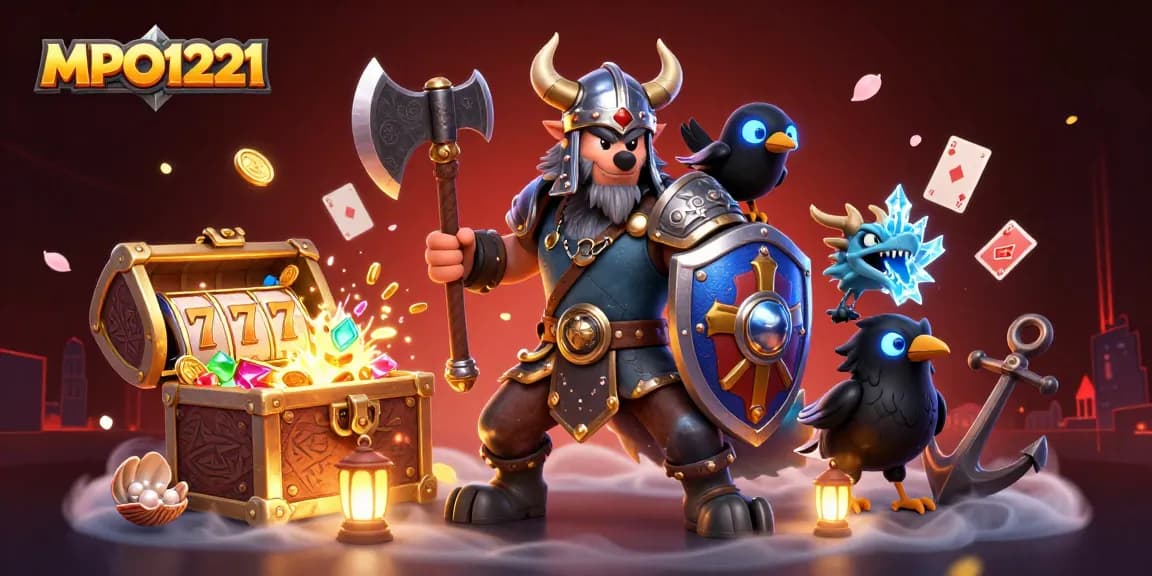 MPO1221 menampilkan suasana permainan yang dinamis dengan pahlawan Viking, naga buas, dan elemen kasino yang meriah.