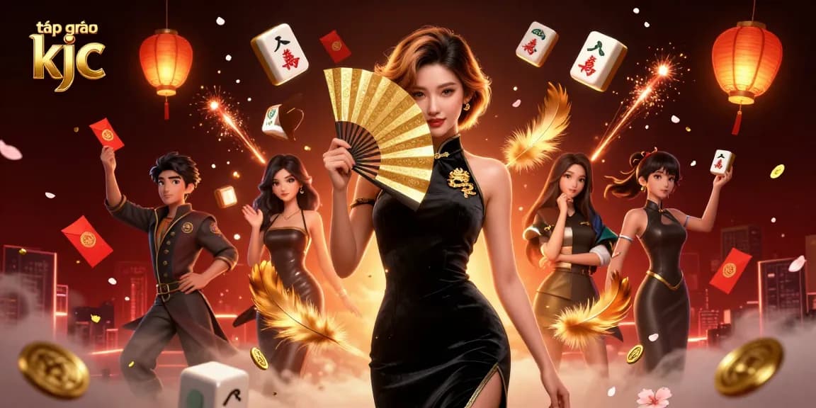 Engage with the dynamic ambiance of the tập đoàn kjc casino scene, featuring vibrant game elements and an elegant character.
