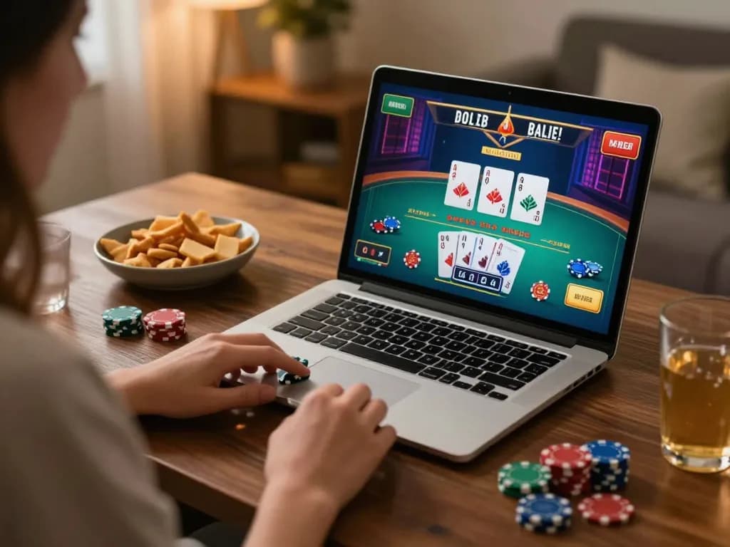 Engaging with sc88.games while playing live dealer blackjack on a laptop, cozy home gaming setup.