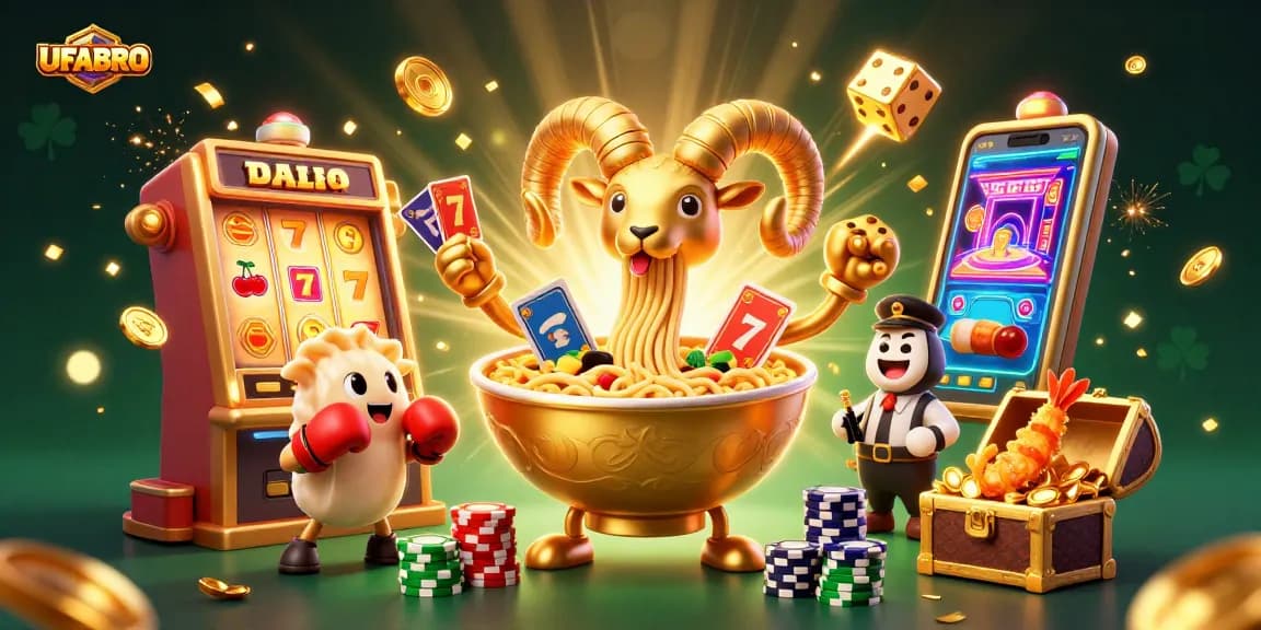 Experience big wins at UFABRO with a playful 3D casino scene featuring lively characters and vibrant gaming elements.