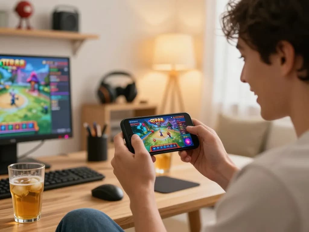 Engaging with qtr88 casino app on smartphone during a cozy home gaming session.