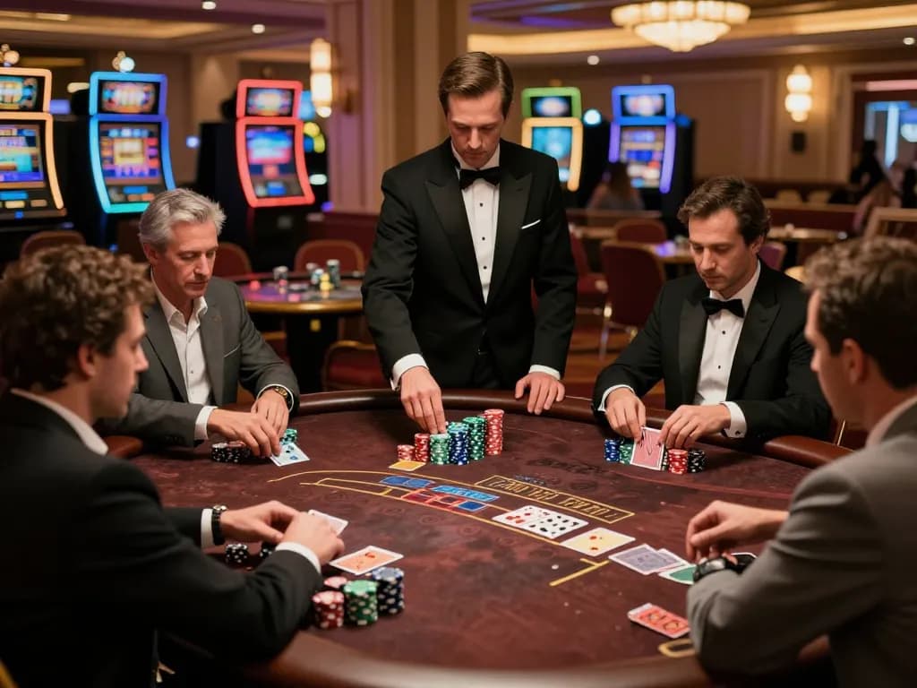 kp88 champions strategizing over blackjack cards, showcasing intense gameplay in a luxurious casino.