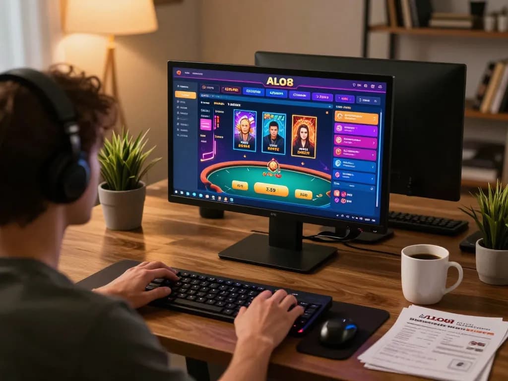 Player interacting with ALO8 casino online, showcasing poker and slot games in a cozy environment