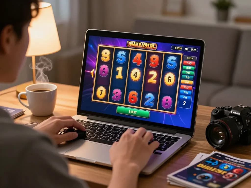 Permainan yang menarik di permainan slot dalam talian malaysia pada laptop, suasana rumah yang hangat dan selesa meningkatkan atmosfer permainan.