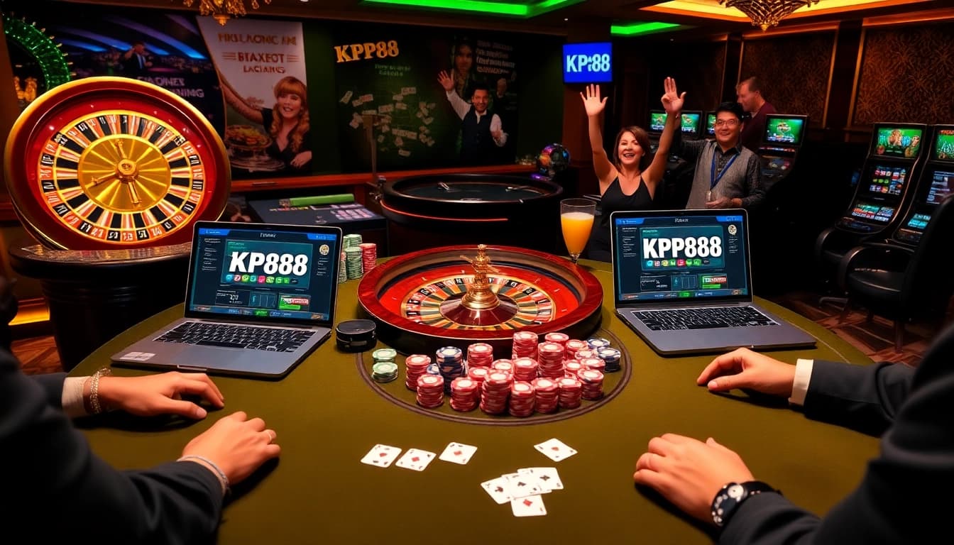 KP88 online casino showcasing thrilling poker action with colorful chips and roulette excitement.