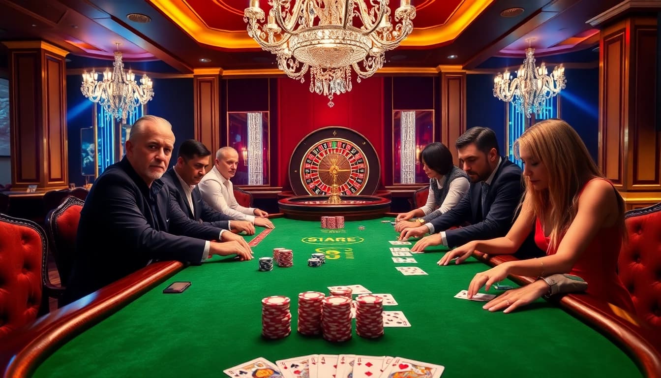 Players engaging in a high-stakes poker game at 13win.com with chips and cards in a luxurious setting.