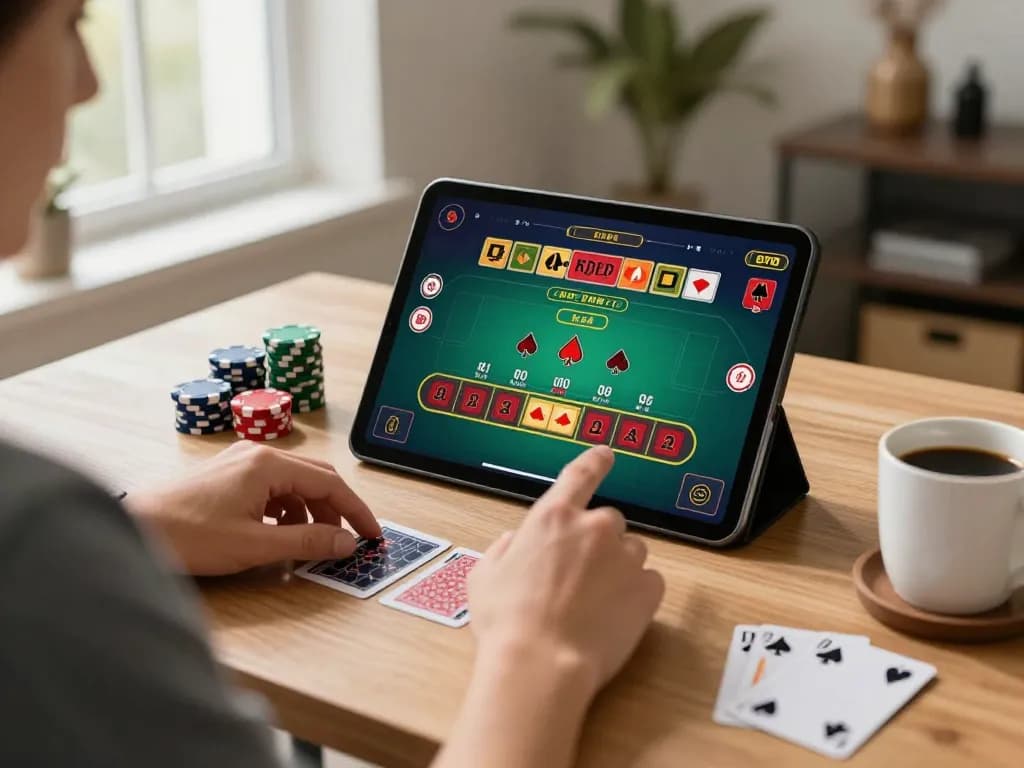 Engaging in online gambling with link vào blackjack game on tablet, relaxed home gaming setup