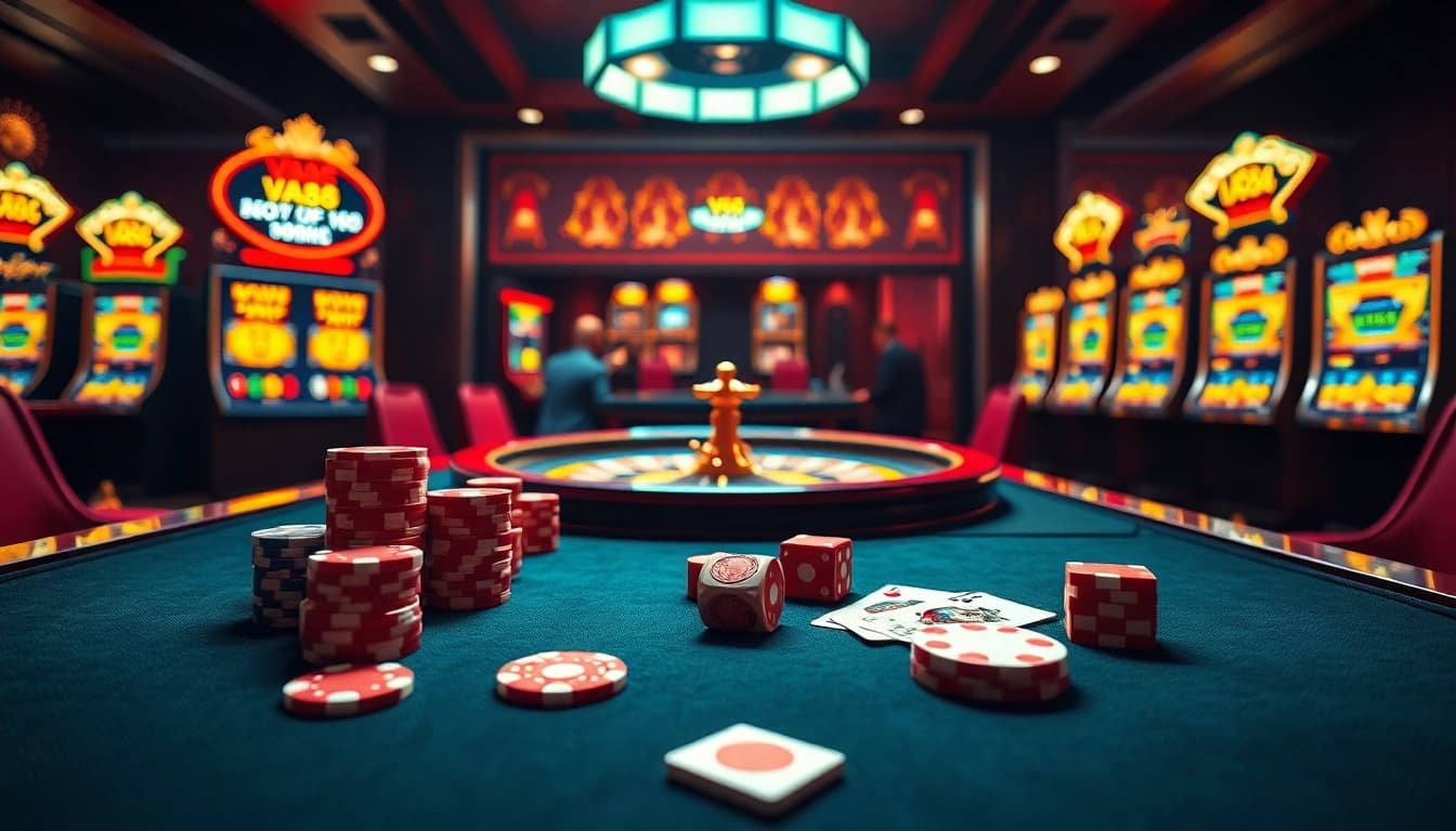 Experience the thrill of VA88 online gambling with vibrant poker chips and a glowing roulette wheel.