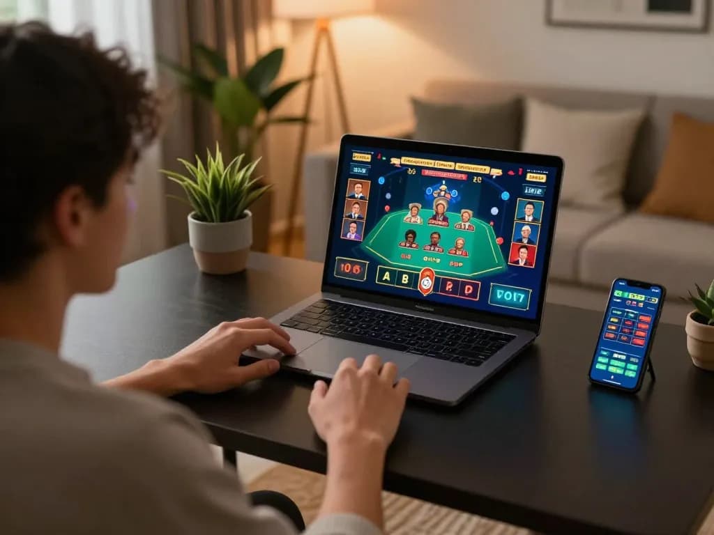 Player enjoying a live dealer blackjack game on their laptop while betting with tx88, showcasing a modern home gaming setup.