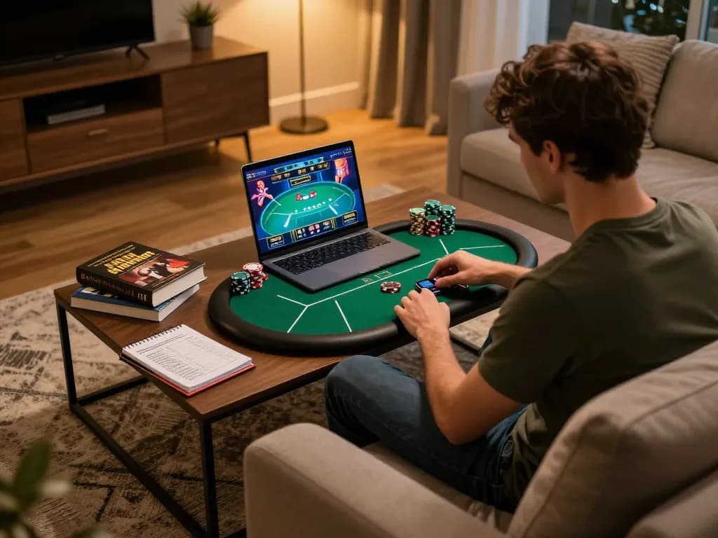 Engaged player uses link vào for strategic online poker gameplay with a cozy setup.
