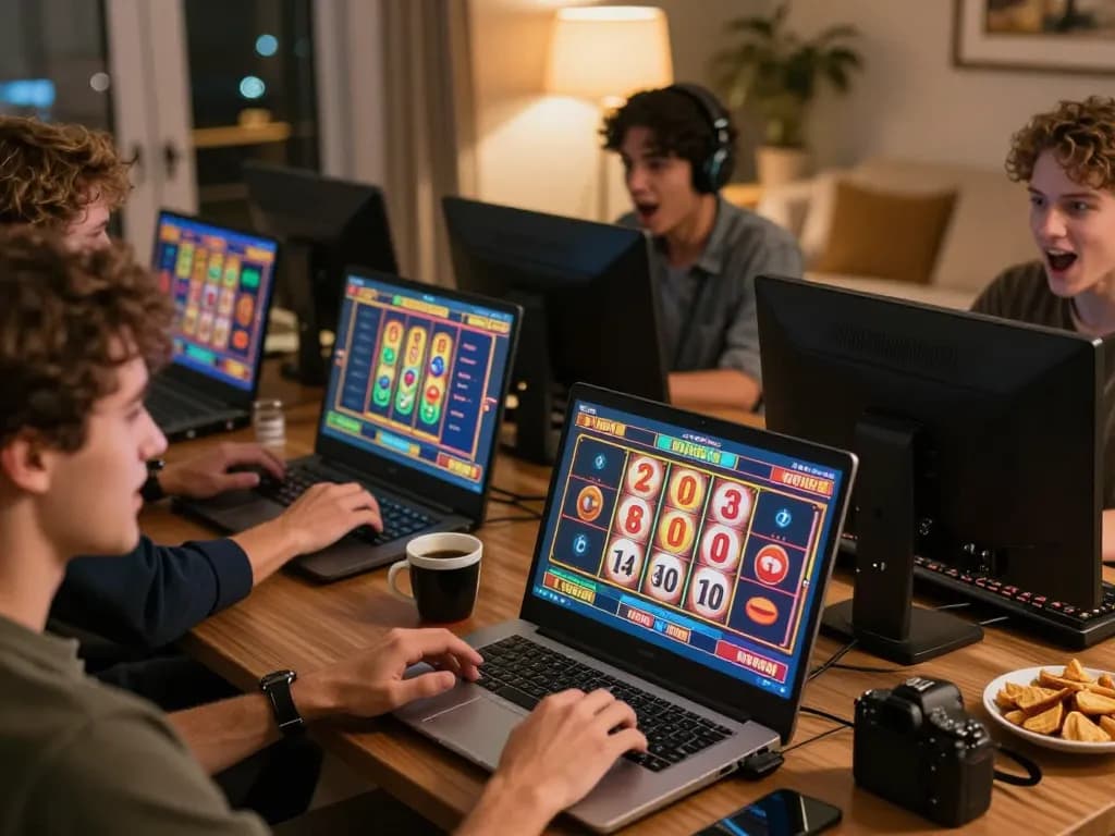 Pemain menikmati slot online di rumah, menjelajahi suasana permainan menarik jus77 sambil menikmati camilan dan minuman.
