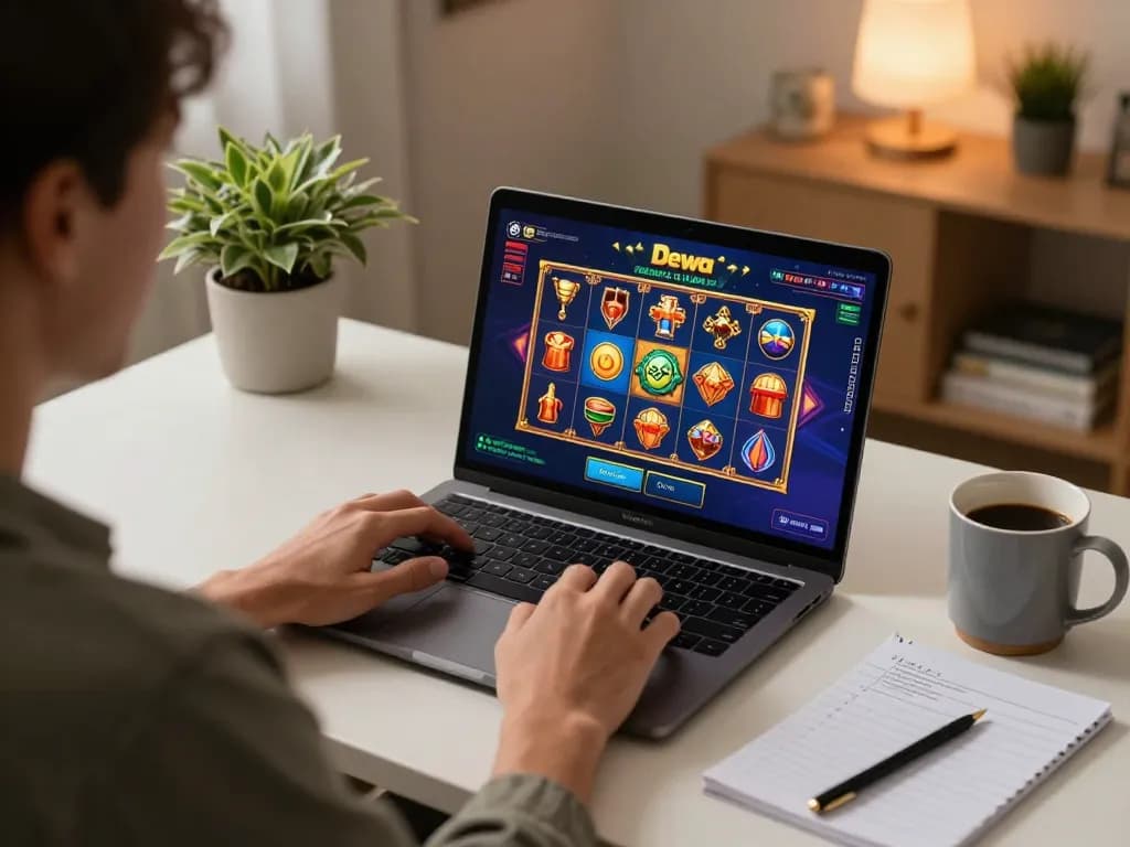 Engaged player spinning dewa slot on a laptop at home desk, cozy and inviting atmosphere.