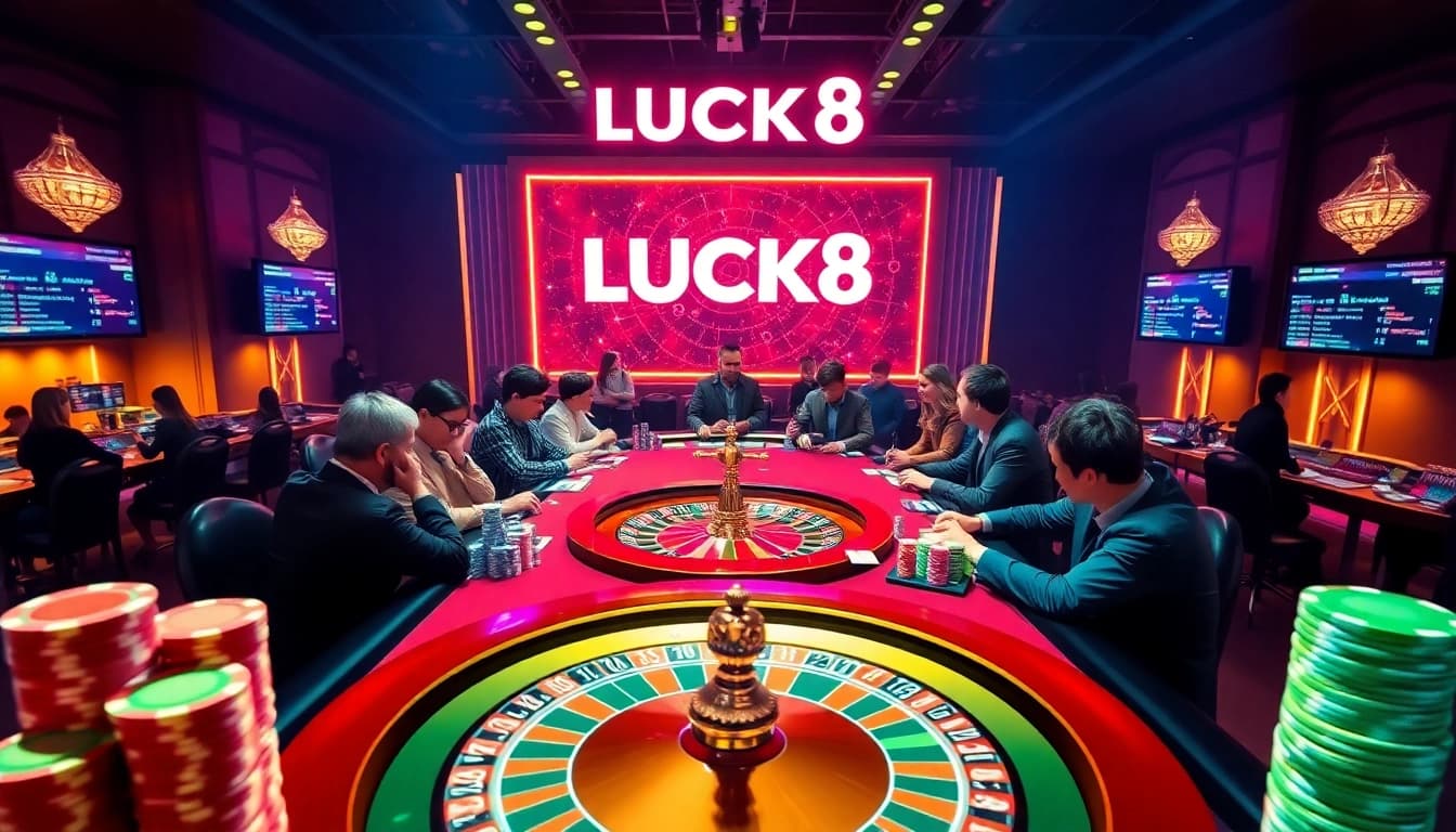 Enter the exciting world of online gambling with LUCK8's vibrant gaming scene featuring poker chips and roulette.