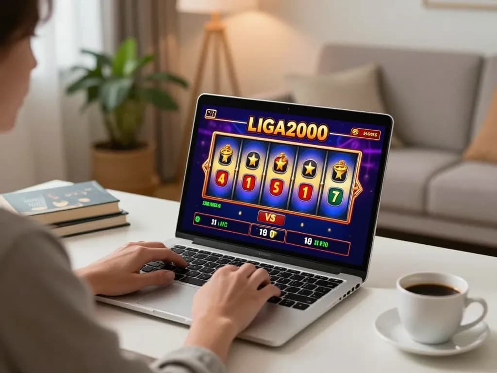 LIGA2000 player engaging in smooth online slot gaming from a cozy home setup, showcasing excitement.