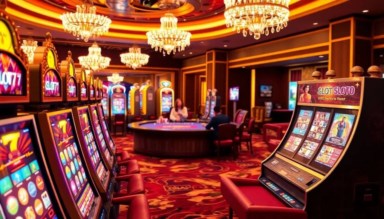 Memainkan mesin slot777 yang mengasyikkan di atmosfer kasino yang semarak dengan lampu berwarna-warni.