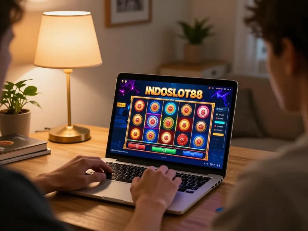 Situs resmi INDOSLOT88 engaging online slots gameplay with a player enjoying at home