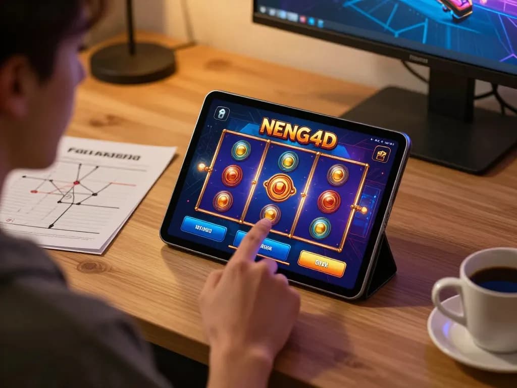 NENG4D player enjoying colorful slot game on a tablet in a cozy, strategic home setup.