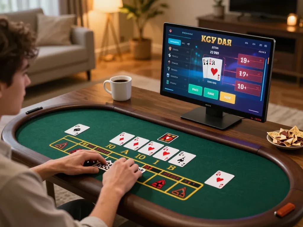 Player enjoying an online bk8 live dealer game on tablet in a cozy living room setting