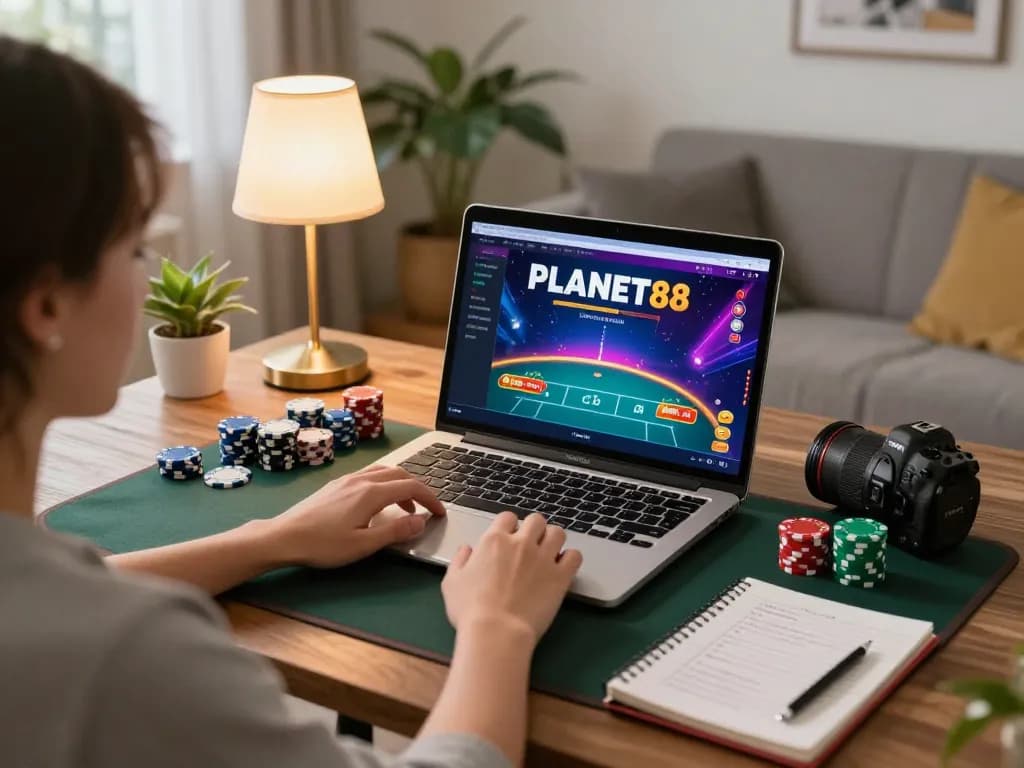 Player engaging with PLANET88 online poker interface, focusing on strategy notes and casino chips during a home gaming session.