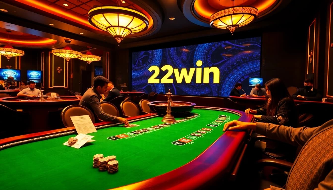 A thrilling poker game at 23win casino, featuring vibrant chips, betting slips, and an engaging atmosphere.