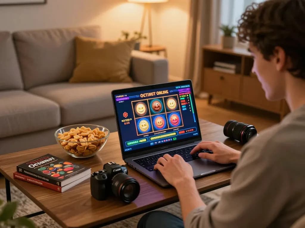 Engaging with the octaslot online casino on a laptop in a cozy living room.