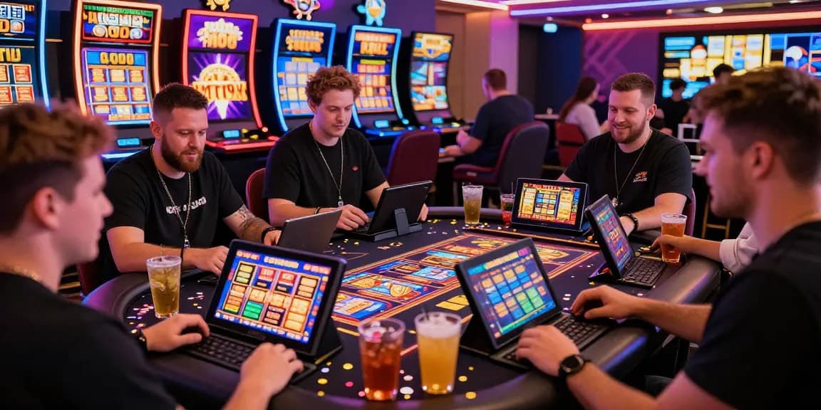 Exciting players enjoying bonus buy slots UK in a vibrant online casino atmosphere with colorful slot machines and dynamic graphics.
