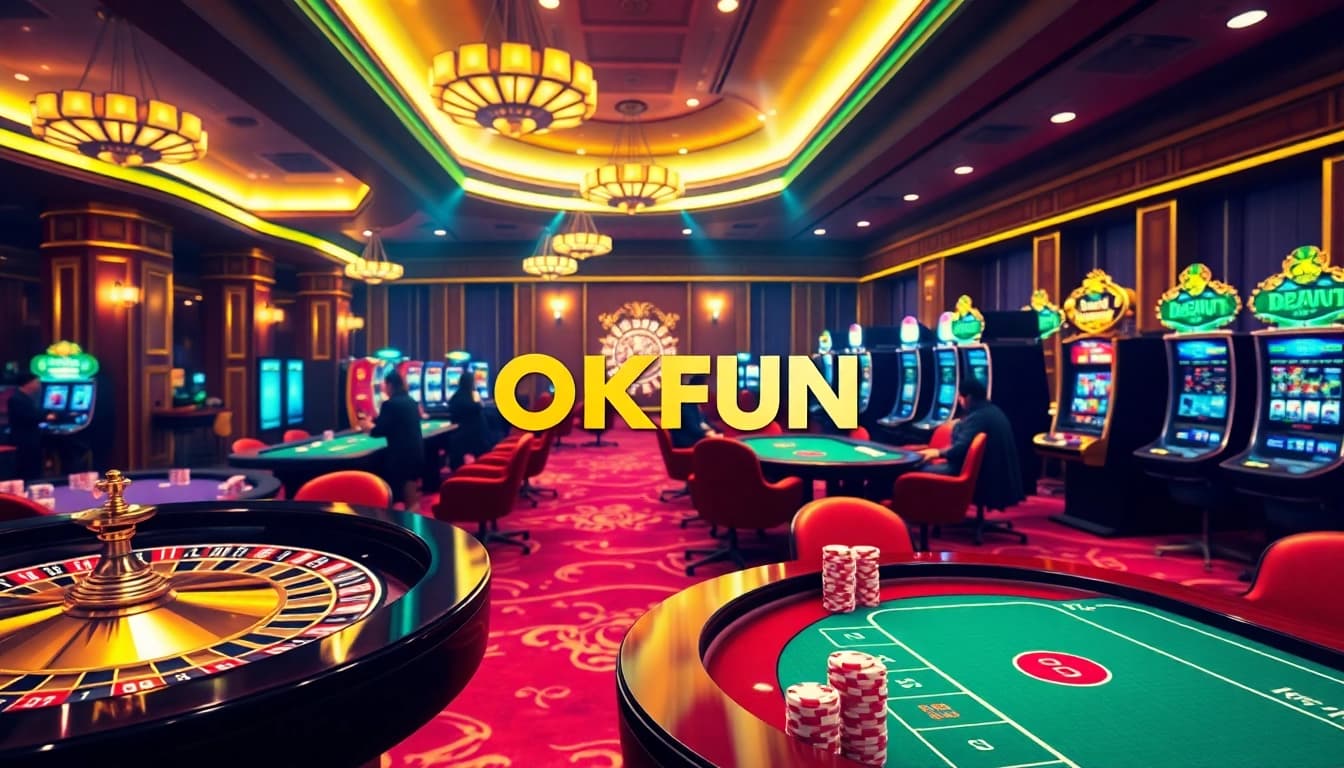 OKFUN players engaging in thrilling casino games at a vibrant gaming table.