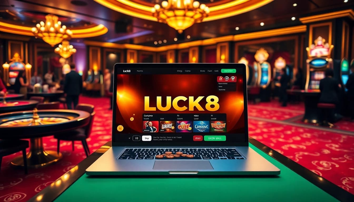 LUCK8 online casino interface showcasing thrilling poker action amidst an elegant gambling atmosphere.