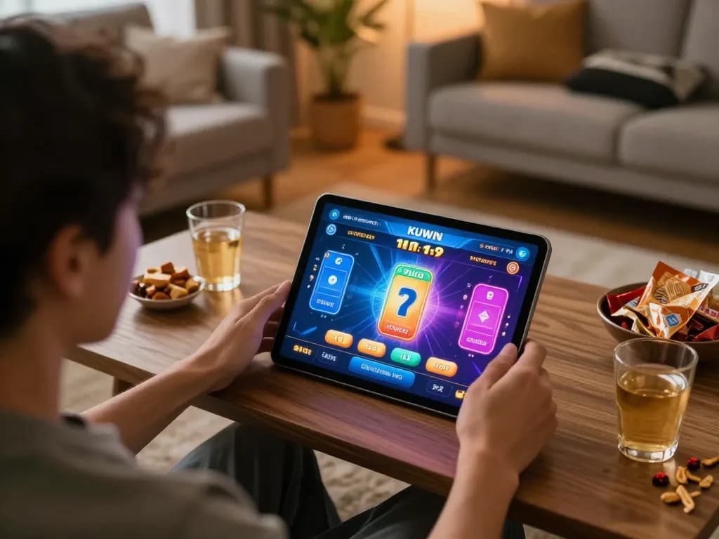 Kuwin user engaging in online casino gaming at home, showcasing excitement in a cozy setting