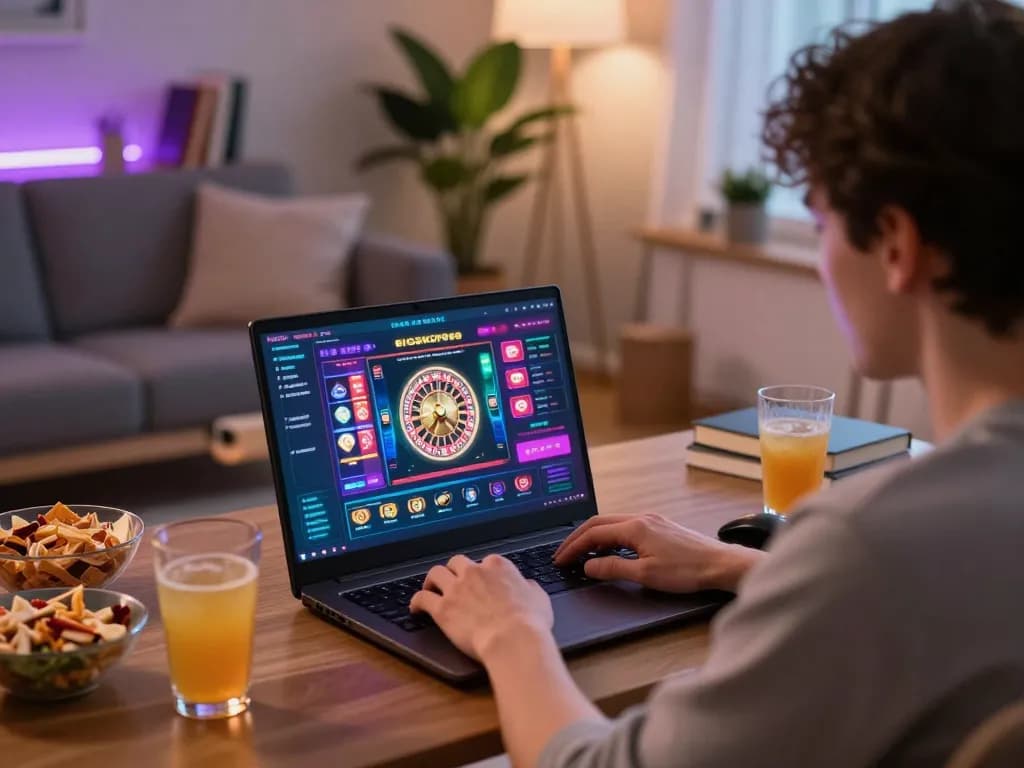Berinteraksi dengan BIOSKOP69 di laptop selama sesi permainan di rumah yang nyaman, menampilkan antarmuka warna-warni dan camilan