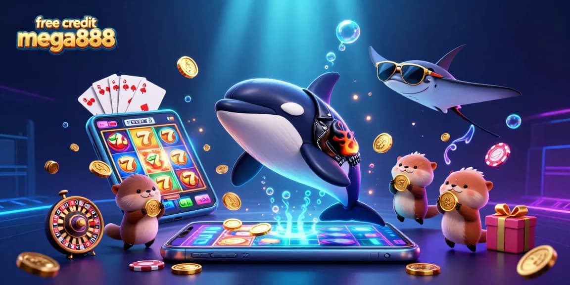 Engage with the excitement of free credit mega888 in a vibrant underwater casino scene with characters and slot games.