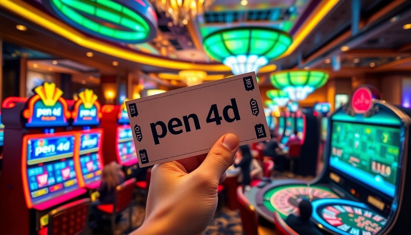 Excited players winning at casino machines themed around pen 4d gaming.