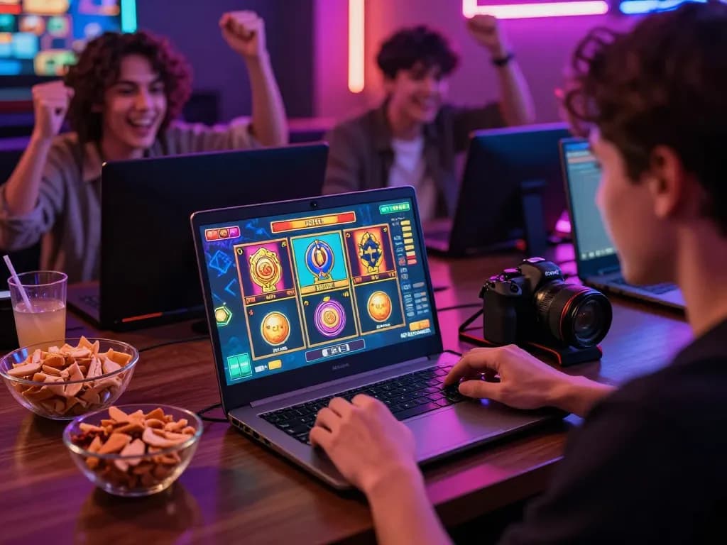 Suasana menarik teman-teman bermain situs slot online bersama, menciptakan atmosfer permainan yang energik.