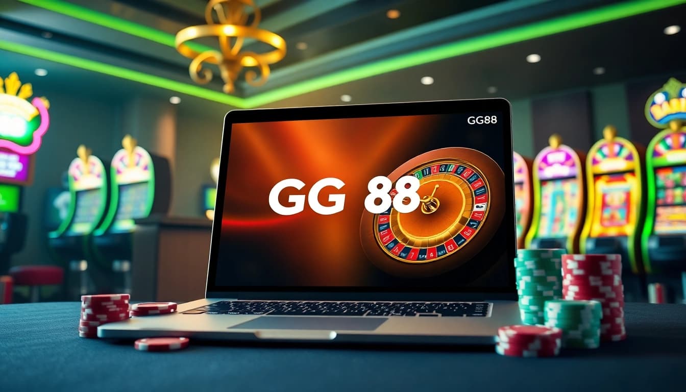 Engaging online gambling scene with GG88.com interface featuring poker chips and roulette wheel.