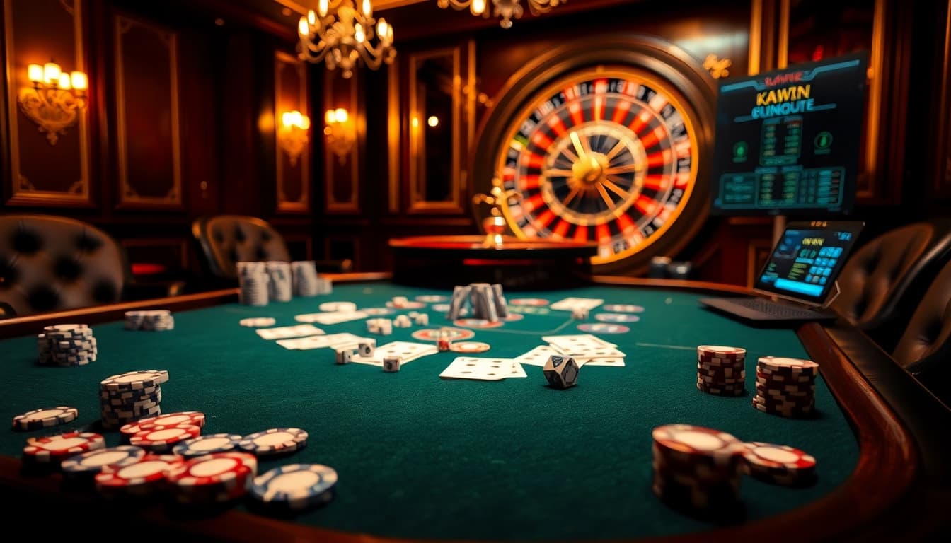 Experience the thrill of gambling at https://kuwinblog.com/ with a luxurious casino table setup, poker chips, and cards.