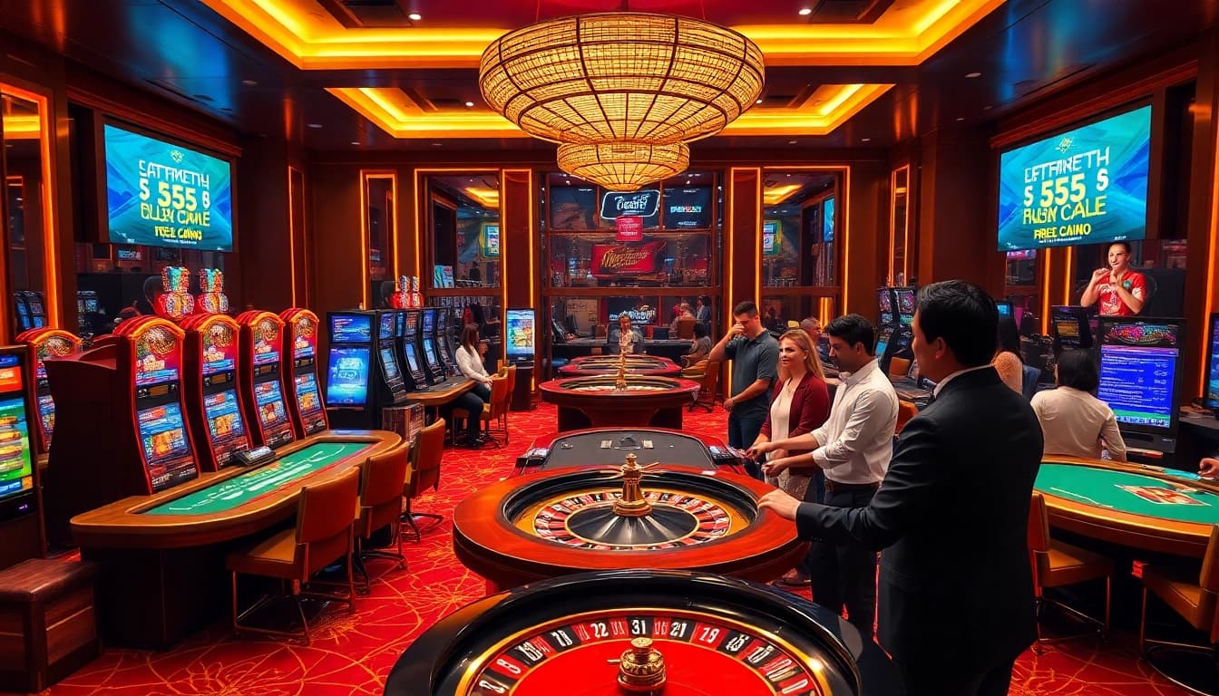 Engaging scene of nhà cái five88 showcasing professional dealers at casino tables with vibrant slot machines.