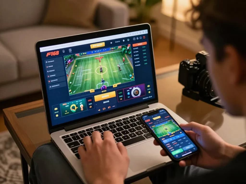 Engaging gameplay on F168 sports betting app in a cozy living room setting