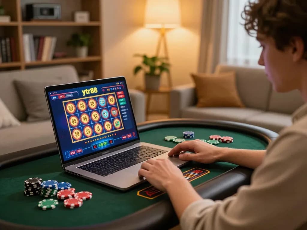 Player enjoying ytr88 online casino games at home, showcasing vibrant interface and cozy environment