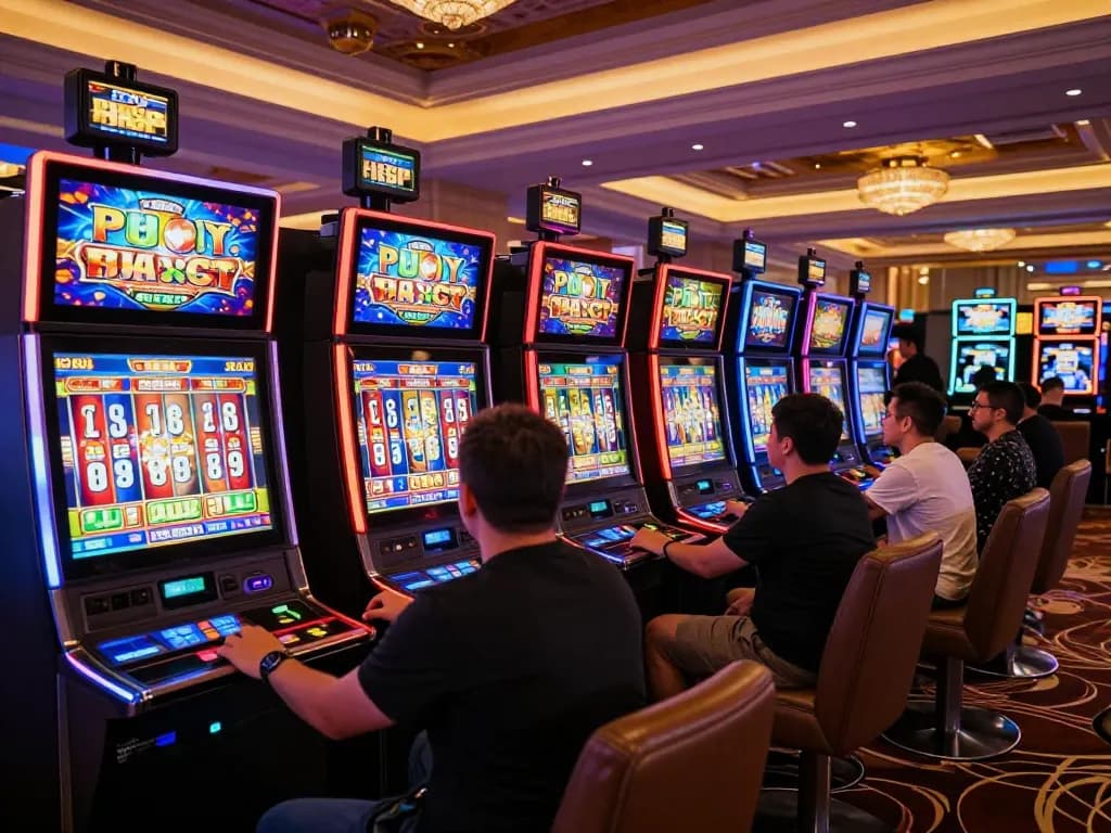 Pemain menikmati mesin slot PG Soft di suasana kasino yang meriah