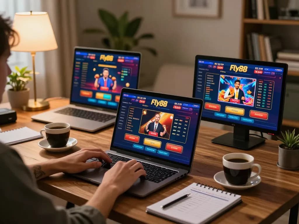 Engaging with Fly88's online casino platform in a cozy home setting.