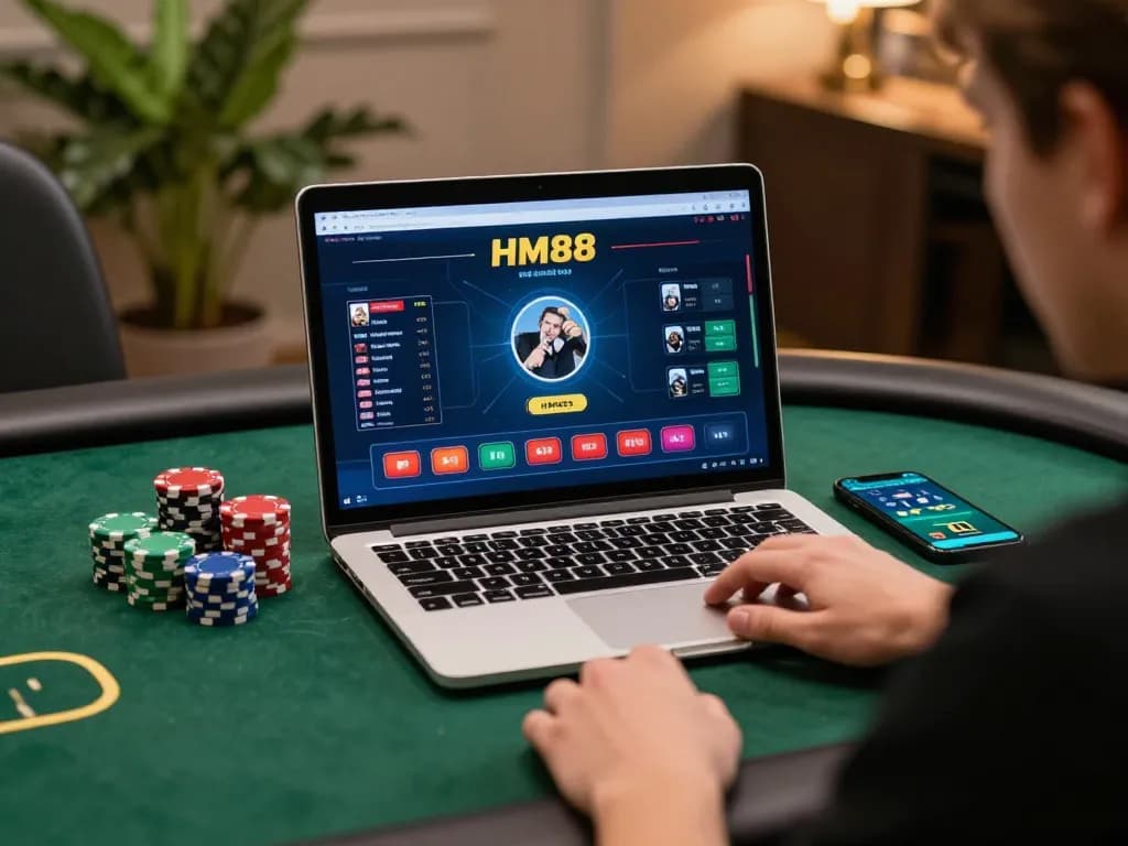 Player engaging in an online HM88 poker game at home, showing strategic gameplay.