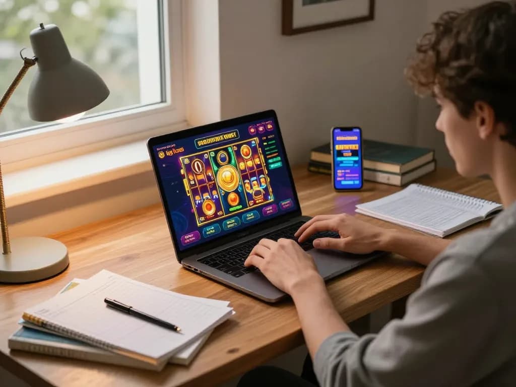 Engaged player enjoying a kdslot game on a laptop at home, showcasing a responsible gaming setup with strategy notes and a warm atmosphere