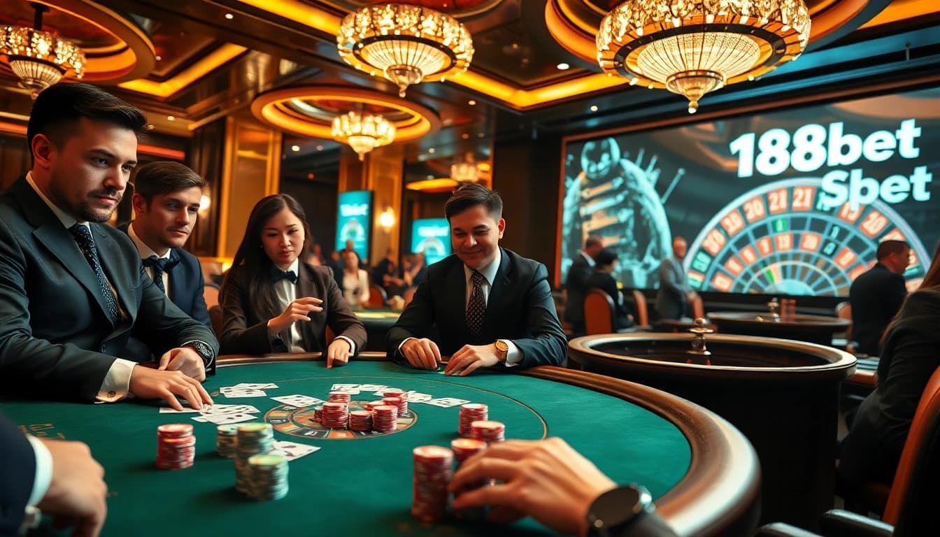 Experience the vibrant atmosphere of 188bet casino with players at a luxury poker table.