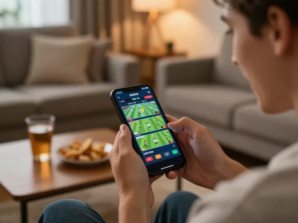 Orang menggunakan SPBO untuk taruhan olahraga langsung di smartphone di ruang tamu yang nyaman.