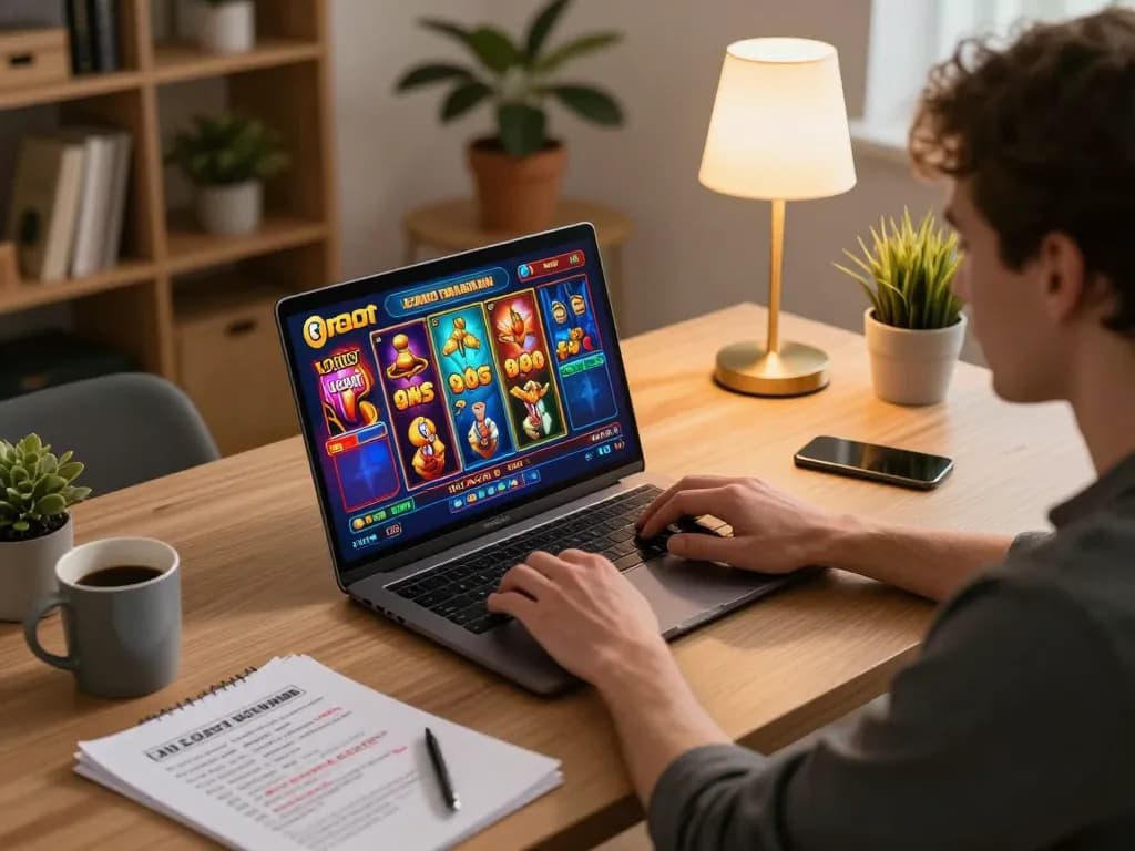 Player engaging with kdslot casino games on laptop in a cozy home office.