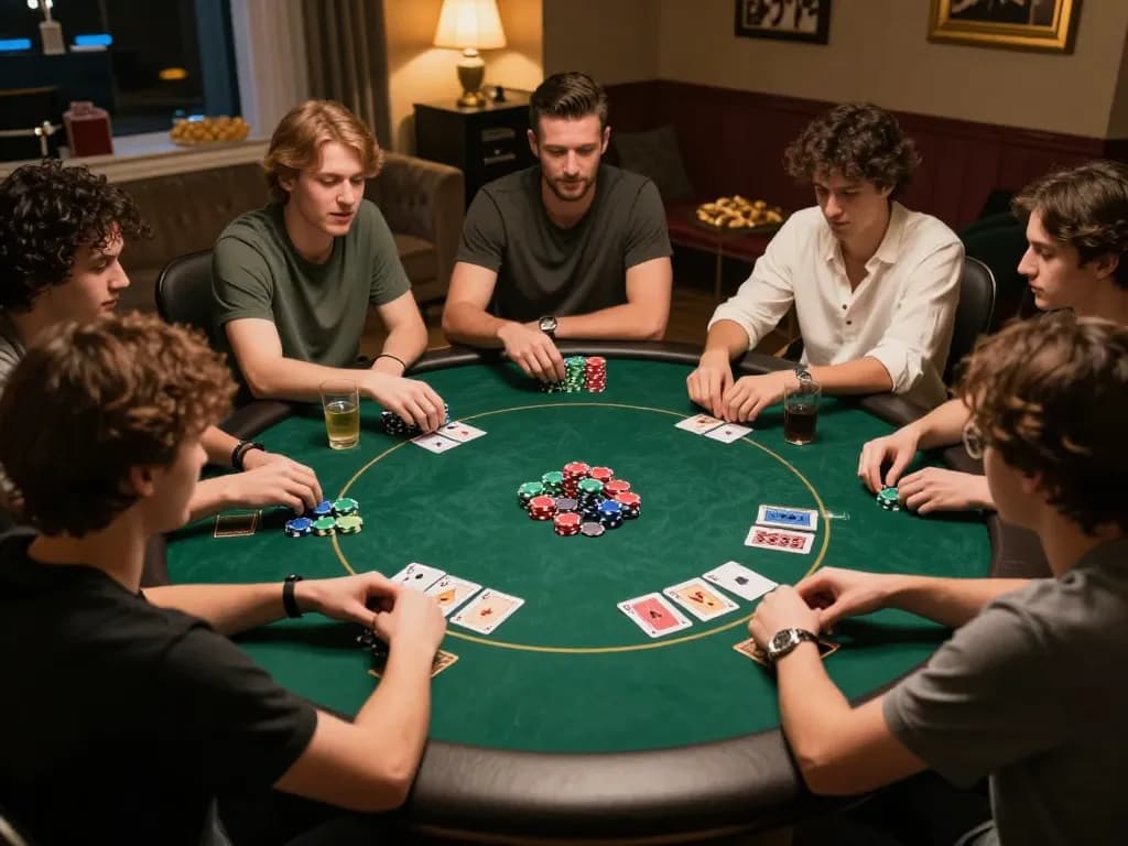 Friends enjoying a poker game at home with 789bet, showcasing a vibrant social gambling atmosphere.