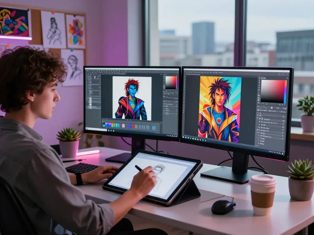 Dynamic workspace featuring ai nsfw digital art creation with vibrant character designs and creative tools.