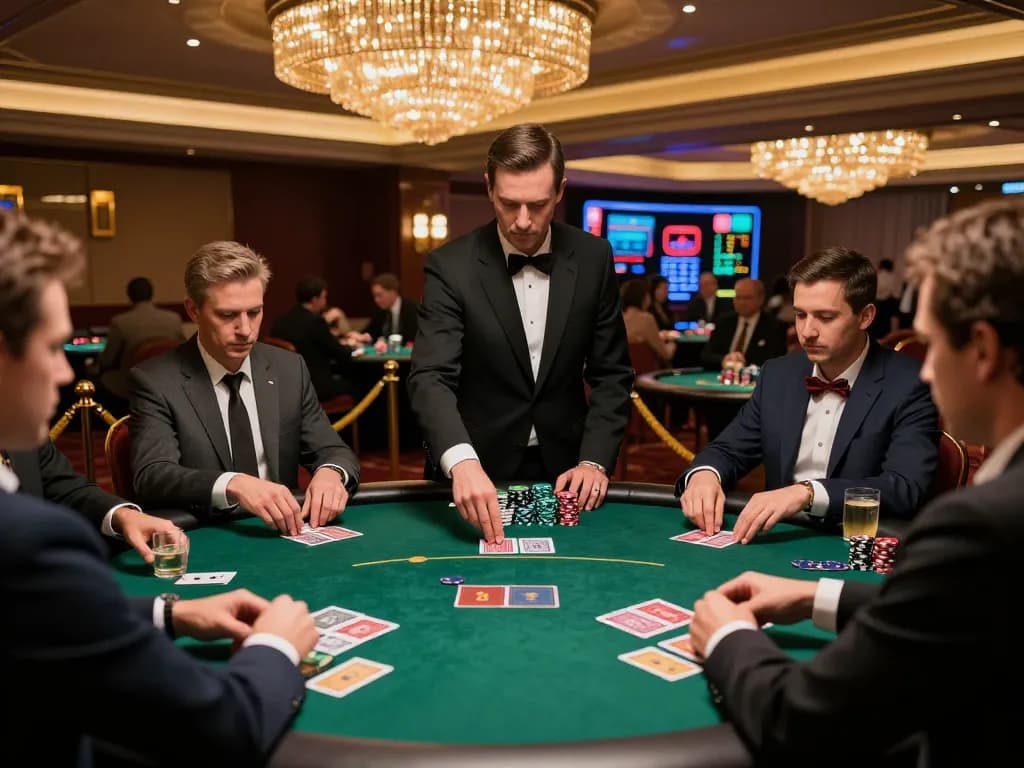 Players at TG88 engaging in an intense poker game, with stacks of chips and focused expressions.