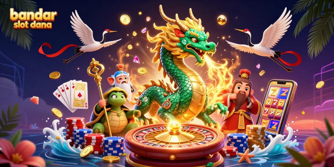 Experience exhilarating wins with bandar slot dana featuring a jade dragon, lucky cranes, and vibrant casino elements.